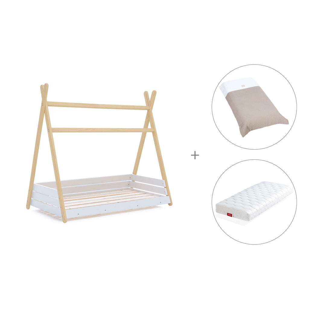 colchón y sábana con la cama montessori con forma de cabaña